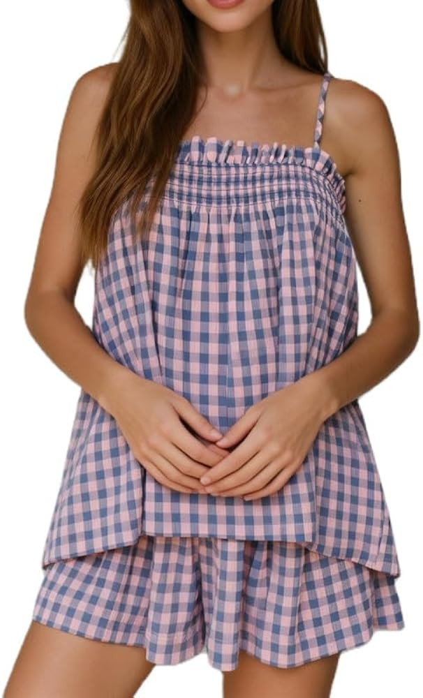 ROAONOCOMO Women\u2019s Gingham Pajama Shorts Sets Sleeveless Checkered Tank and Shorts 2 Piece S... | Amazon (US)