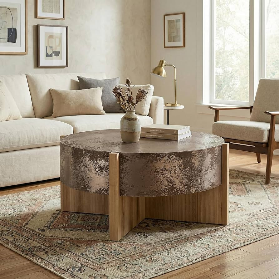 JIVOIT Rustic Coffee Table with Distressed Rust Finish, Round Coffee Table with Burnt Wood Legs, ... | Amazon (US)