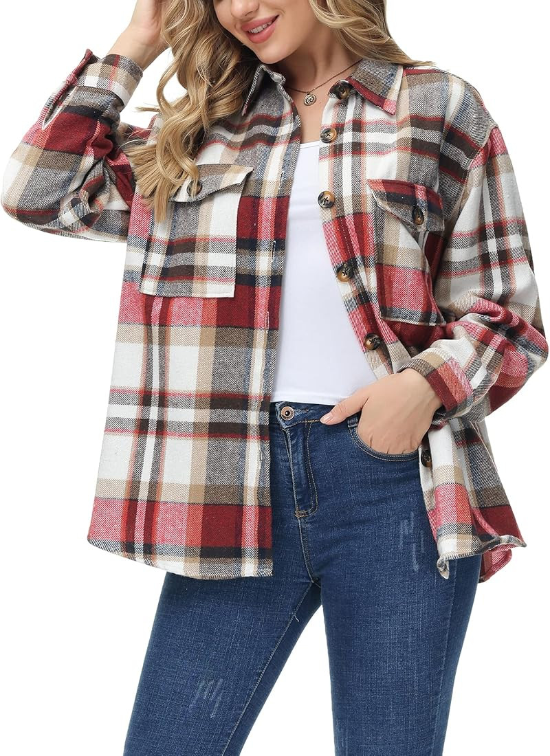MCEDAR Women's Oversizes Plaid Shacket Jacket Casual Lapel Long Sleeve Button Down Plus Size Flan... | Amazon (US)