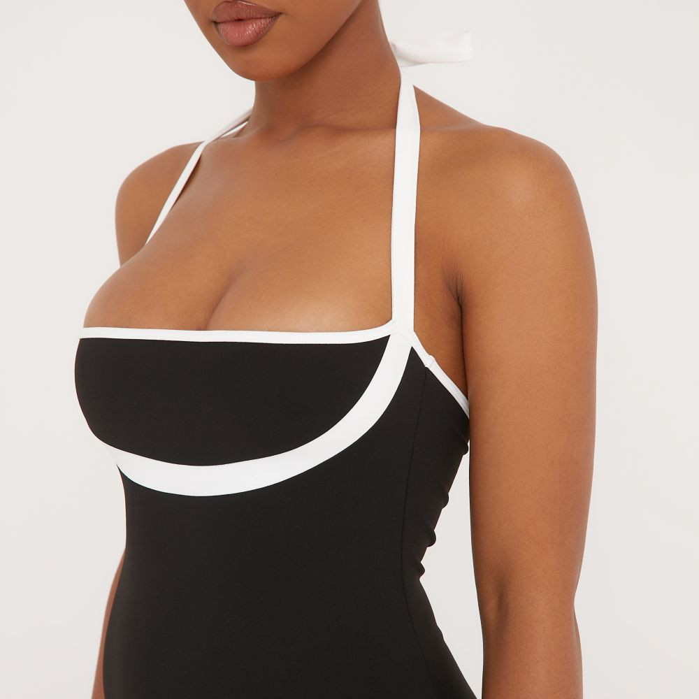 Halterneck Contrast Underbust Seam Detail Playsuit In Black Slinky | EGO (UK)
