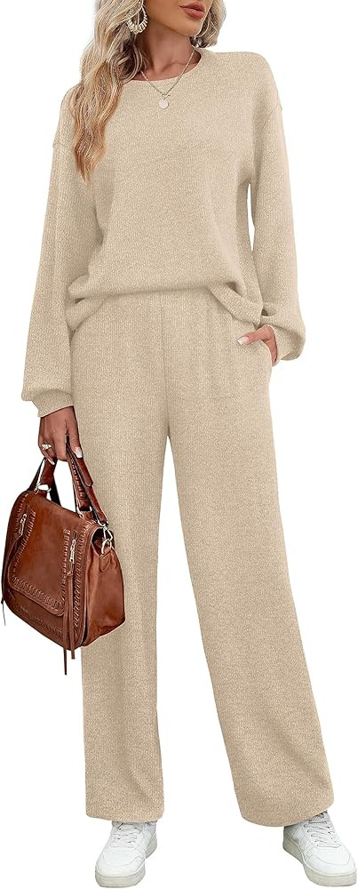 WIHOLL Womens Sweatsuits Sets Long Sleeve Crewneck Top Wide Leg Pants Two Piece Outfits | Amazon (US)
