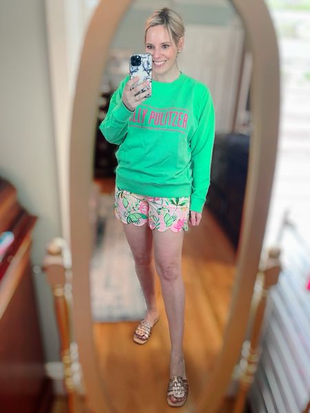 Lilly Pulitzer buttercup shorts, Lilly Pulitzer sweatshirt, gold sandals 

#LTKfindsunder100 #LTKfindsunder50 #LTKover40