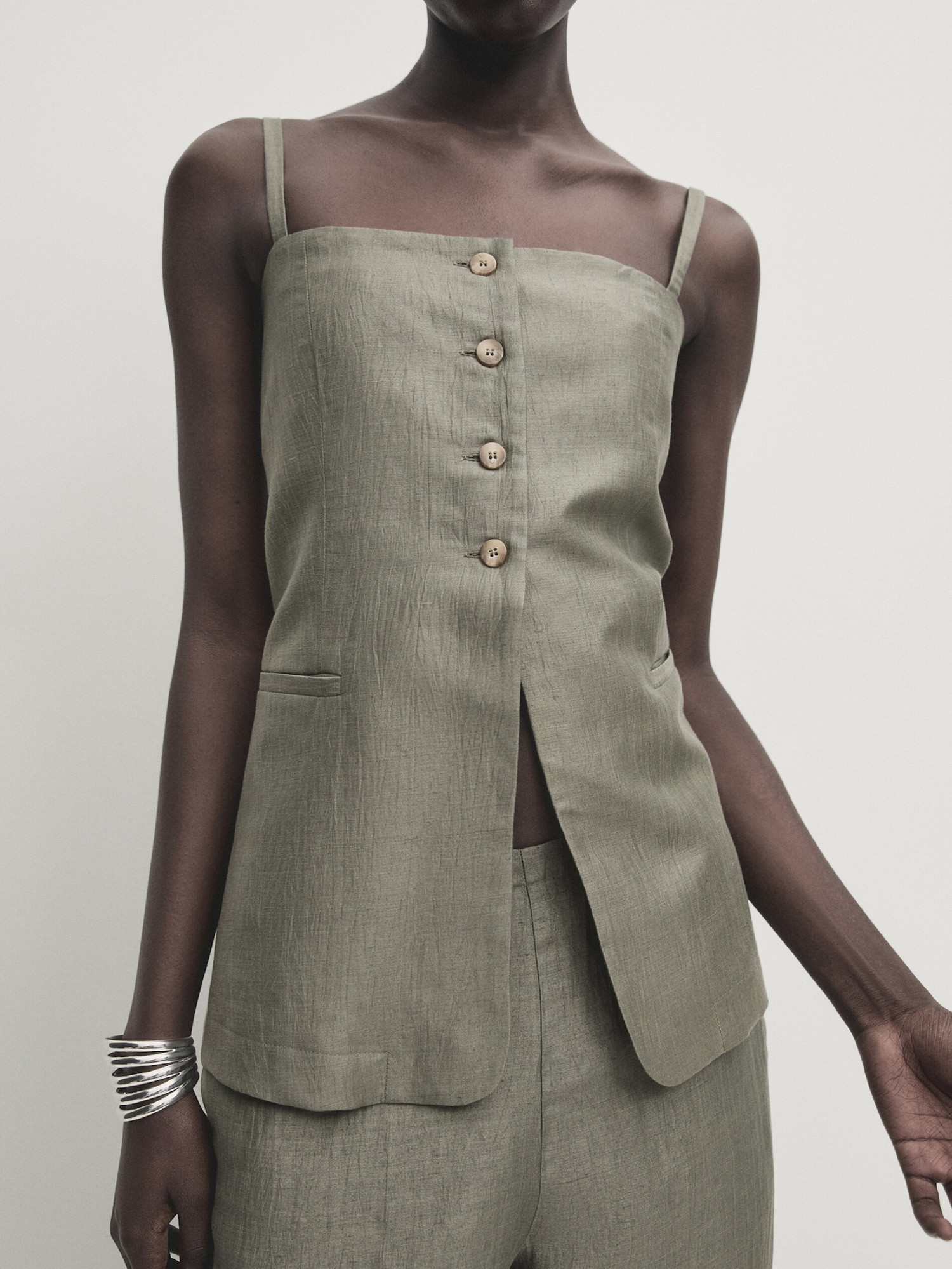 Strappy linen blend top with buttons | Massimo Dutti UK