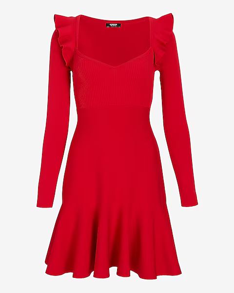 Sweetheart Neck Ruffle Fit And Flare Sweater Dress | Express