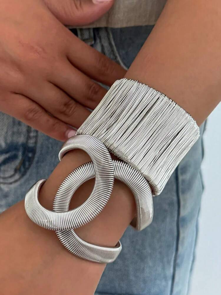Punk Hip Hop Irregular Twisted Cuff Wide Bangles Vintage Silver Color Geometric Open Spring Bangl... | SHEIN