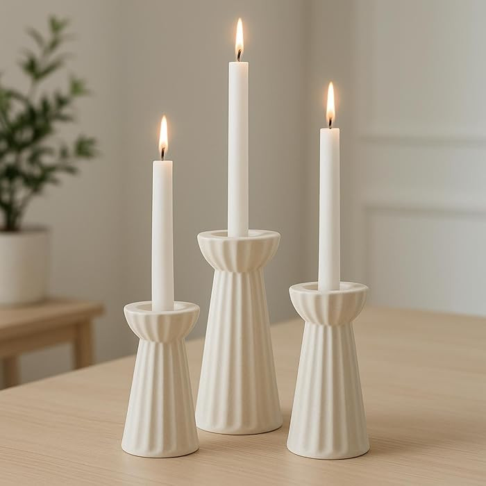 Honeydak Set of 3 Ceramic Taper Candle Holder Cream White Candlestick Holder Fluted Candle Stick ... | Amazon (US)