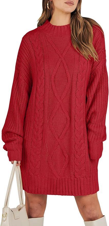 ANRABESS Women's 2023 Oversized Sweater Dress Long Sleeve Crewneck Chunky Cable Knit Casual Short... | Amazon (US)