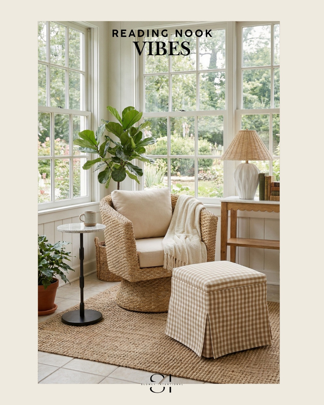 Reading Nook Vibes- kirklands home finds, reading nook, organic modern, seagrass chair, gingham ottoman, scalloped console table, pleated lampshade, neutral home decor, sunroom inspiration, jute rug, fiddle leaf fig, eclectic home, vintage floral chair, grandmillennial style, shadow box art, brass floor lamp, wicker bench, cozy reading corner, collected home, botanical wall art, cottagecore decor

#LTKSaleAlert #LTKHome