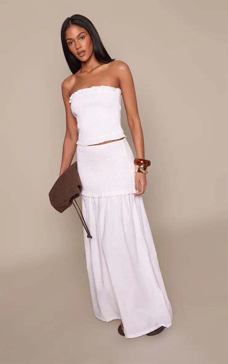 White PrettyLittleThing Shirred Contrast Maxi Skirt Co-ord | Boohoo USA | boohoo (US & Canada)