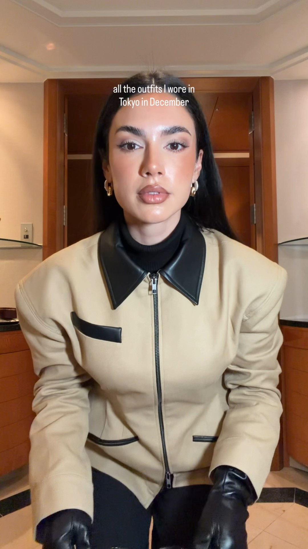 1. 
Jacket is from Source Unknown - Hourglass Canvas Work Jacket 
Trousers are from Abercrombie size 24 
Glasses are from Elisa Johnson 
Gloves - Amazon 
2. 
Jacket is from Luna B - she’s an icon jacket size xs 
Pants are DISSH- size 24 
Purse is Verified NY python eclair bag 
glasses are tom ford 
3. 
jacket is revolve 
pants and turtle neck are Abercrombie 
sunglasses are Amazon 
Loafers are YSL
4.
Jacket is Anine Bing - Quinn blazer is size xs 
Pants are 7 for all mankind Lotta wide leg jeans 
Belt is favorite daughter 
Turtleneck is revolve 
Sunglasses are Elisa Johnson 
5. 
Jacket is Aritzia - the Connor long coat 
Sunglasses are Prada 