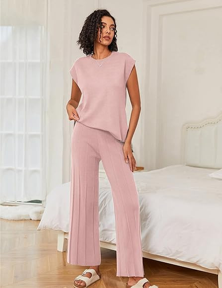 Ekouaer Lounge Sets for Women Two Piece Outfits Knit Cap Sleeve Tops Wide Leg Pleated Pants Casua... | Amazon (US)