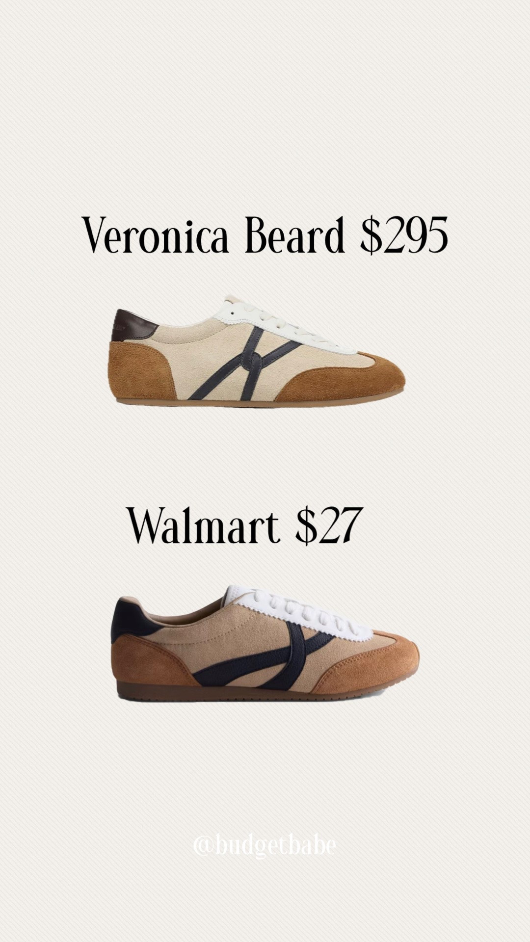 Walmart versus Veronica Beard low profile sneakers in tan, camel and black. Perfect neutral sneaker for fall. I have the Walmart ones, they’re comfy and fit tts. #walmartfashion