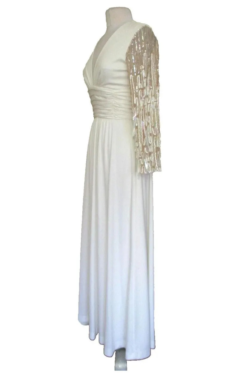 Vintage 70s Lilli Diamond Maxi Dress, XS/S Women, Ivory, Drop Sequin Statement Sleeves - Etsy | Etsy (US)