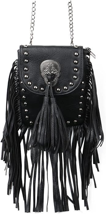 Oweisong Leather Skull Fringe Purses for Women Black Tassel Shoulder Crossbody Bag Unique Gothic ... | Amazon (US)