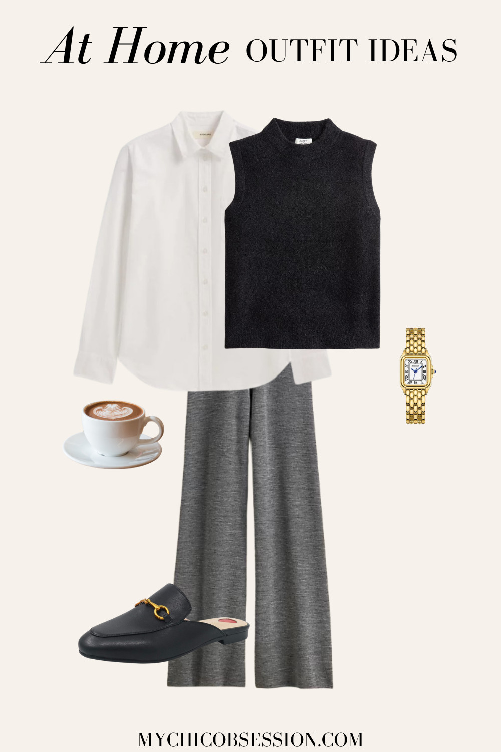Style a cozy yet chic look for working from home with a sweater vest, a white button-down, gray pants, horsebit mules and a gold watch. 

 #LTKWorkwear