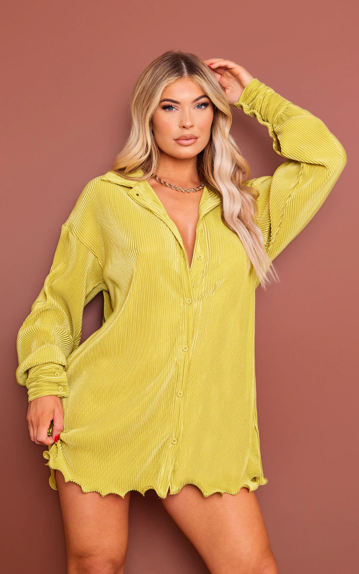 Chartreuse Plisse Frill Hem Shirt Dress | PrettyLittleThing US