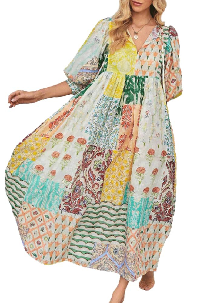 CHARTOU Women Boho Floral Printed Long Dress Summer Lantern Half Sleeve Beach Flowy Loose Swing S... | Amazon (US)