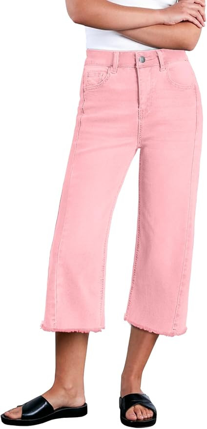 Sidefeel Women's Capri Jeans High Waisted Wide Leg Stretchy Raw Hem Side Seam Zimbaplatinum Denim... | Amazon (US)