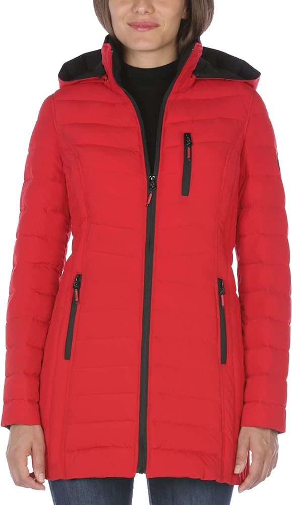 Nautica Women's 3/4 Midweight Stretch Puffer Jacket with Hood | Amazon (US)