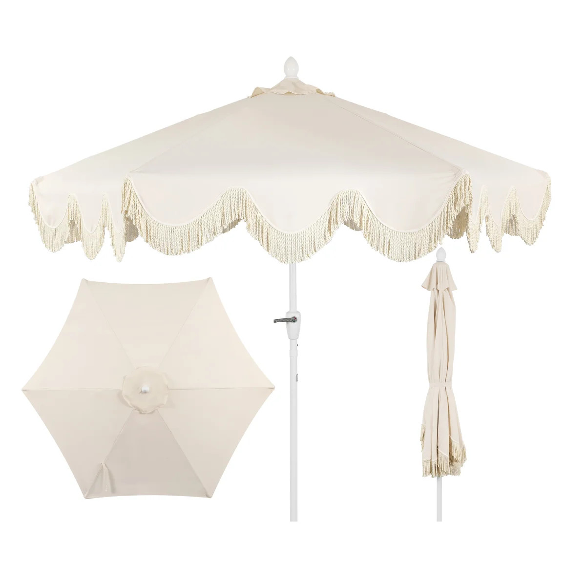 Teretha 9 ft. Classic Cottage Tassel Market Patio Umbrella with Auto-Tilt, Crank, and UV Protecti... | Wayfair North America