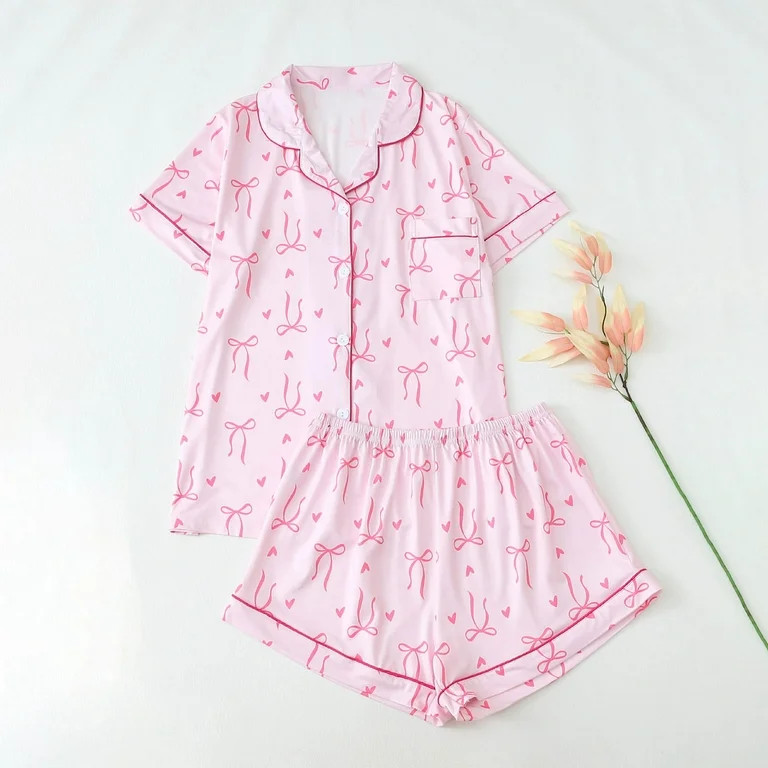 Fengactive Cute Bow Pajamas Sets for Women 2 Piece Button Up Short Sleeve Nightwear Lounge Sleepw... | Walmart (US)