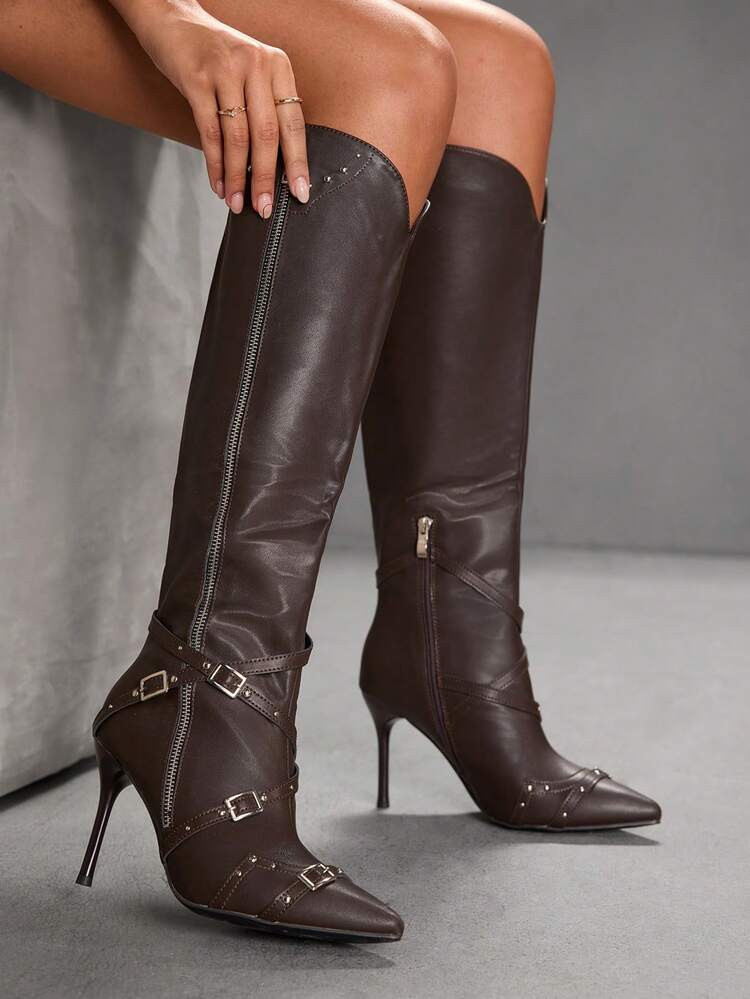 CUCCOO SZL Women’s Pointed Tote Stiletto Hihh Herl Boots Silver Zipper | SHEIN