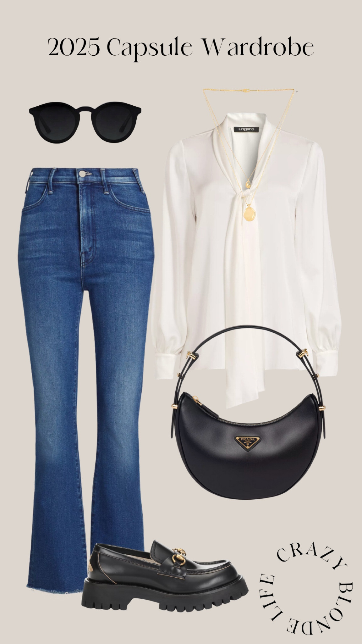 Early Spring Capsule Wardrobe - straight leg jeans, black top handle bag, silk tie neck blouse, black sunglasses, black lug sole loafers.


#LTKSeasonal #LTKShoeCrush #LTKStyleTip