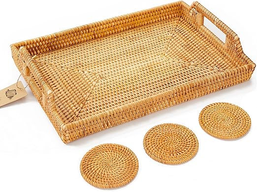 Large Rattan Tray with Rattan Coasters - Premium Flat Rectangular Serving Tray with Handles, Wick... | Amazon (US)