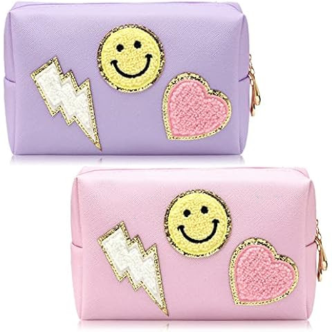 LieToi Preppy Patch Small Toiletry Bag Smile Lightning Heart PU Leather Portable Waterproof Makeu... | Amazon (US)
