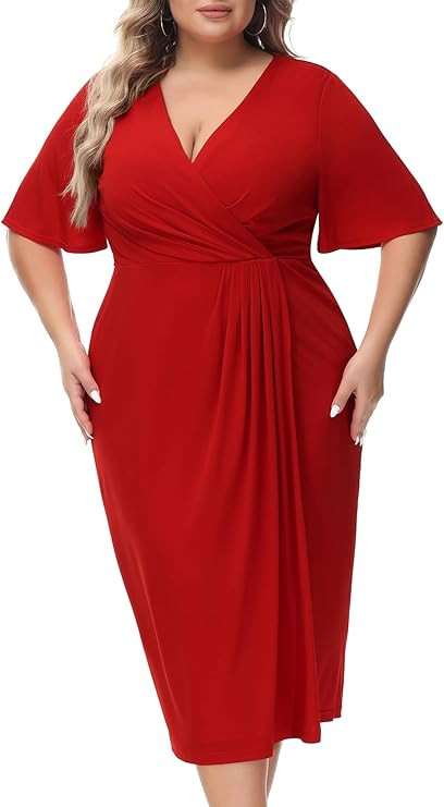 Hanna Nikole Women's Plus Size Wrap V-Neck Bell Short Sleeve Midi Dress for Wedding Guest Cocktai... | Amazon (US)