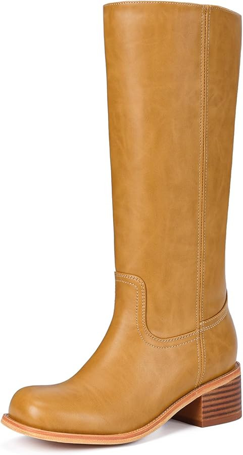 Mid Calf Boots for Women - Banana Square Toe Chunky Block Heel Calf High Boots, Comfortable Low H... | Amazon (US)