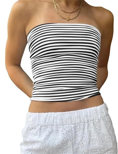 BAIGRAM Women Striped Tube Tops Summer Cute Going Out Crop Top Y2K Slim Fit Strapless Cropped Shirts Bandeau | Amazon (US)