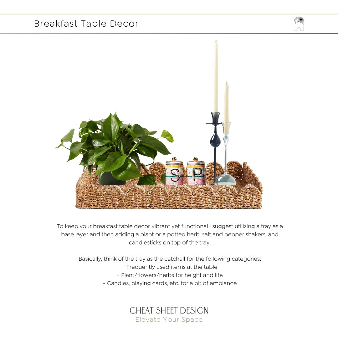 Breakfast Table Decor Tip | To keep your breakfast table decor vibrant yet functional, I suggest utilizing a tray as a base layer and then adding a plant or a potted herb, salt and pepper shakers, and candlesticks to the tray.

Basically, think of the tray as the catchall for the following categories:
- Frequently used items at the table
- Plant/flowers/herbs for height and life
- Candles, playing cards, etc., for a bit of ambiance. 
 

 #LTKHome #LTKStyleTip #LTKFamily