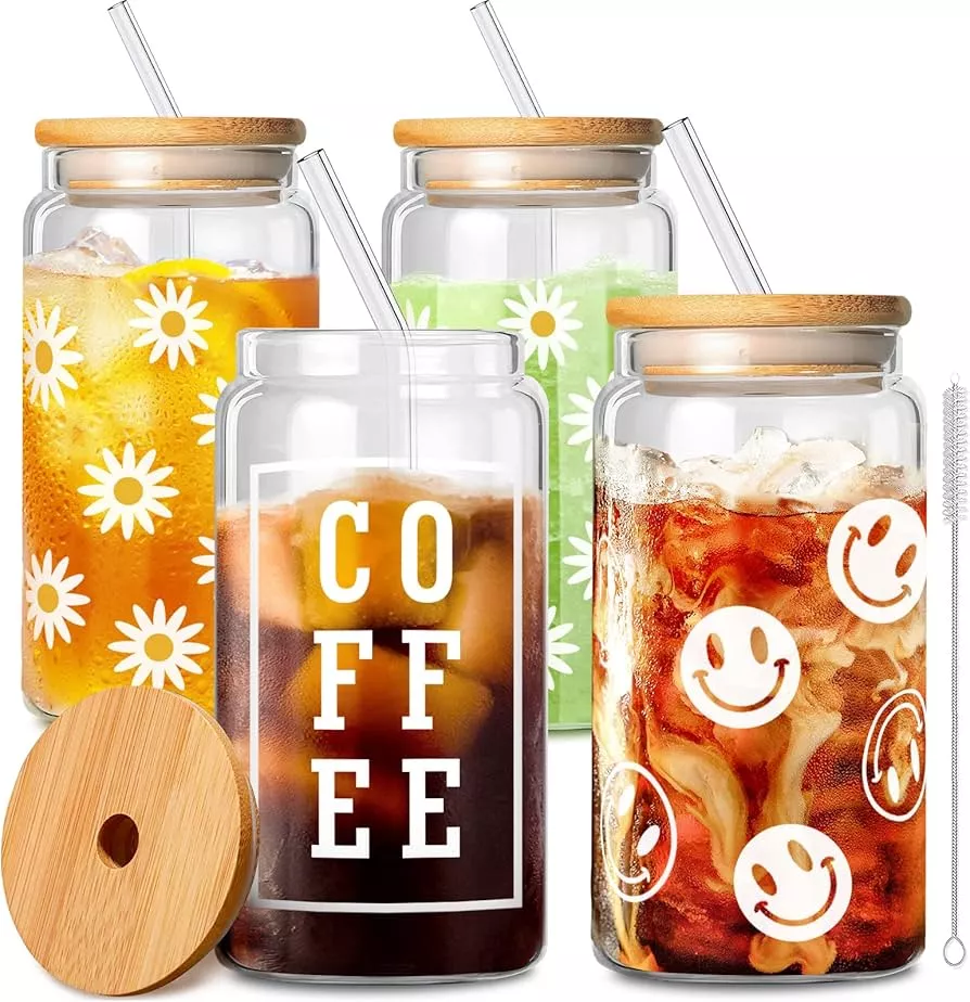 6pcs Glass Cups - Glass Cups With Lids And Straws - 16oz Iced Coffee Cup  6pcs Set - Glass Tumbler With Straw And Lid - Glass Coffee Cups - Ice Coffee  Cup 