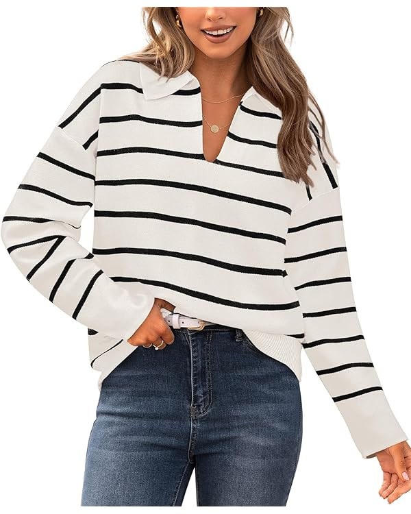 CFLONGE Women's Casual Striped Pullover Sweater Long Sleeve Polo V Neck Lightweight Loose Fit Dro... | Amazon (US)