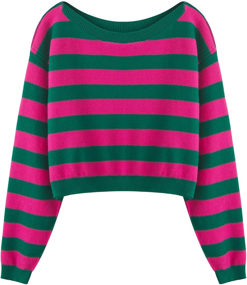 Womens Striped Cropped Sweater Oversized Long Sleeve Color Block Casual Loose Pullover Knit Light... | Amazon (US)