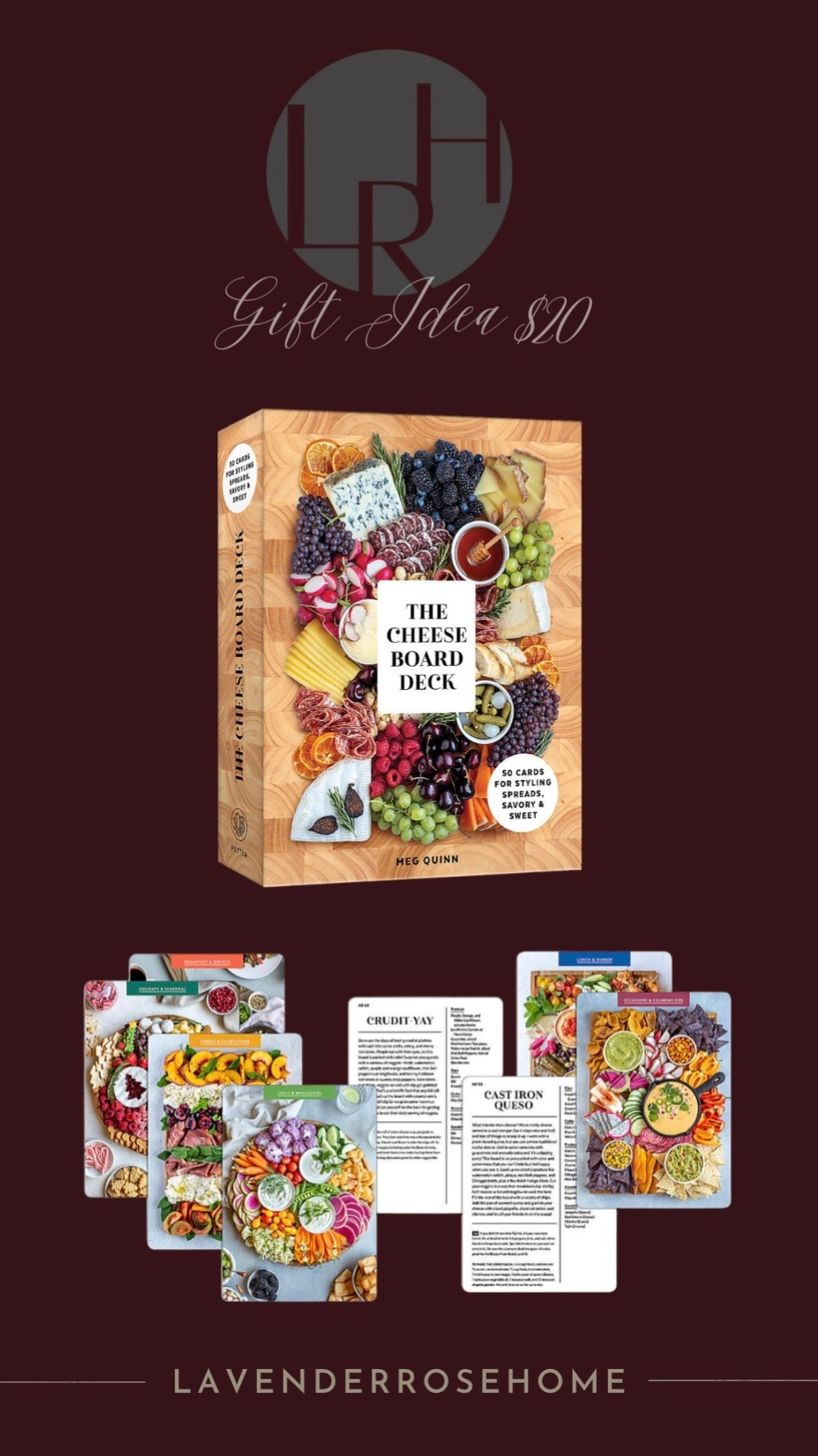 Gift idea just $20! this deck of cards features instructions, shopping lists and helpful tips for creating 50 artful and unique cheese, charcuterie and crudité boards. Perfect for the hostess, entertainer or kitchen/cooking enthusiast.

Gift Ideas. Hostess Gift. For Her. Unique Gifts. Christmas Gift Ideas. Lavender Rose Home.

#LTKHome #LTKGiftGuide #LTKFindsUnder50