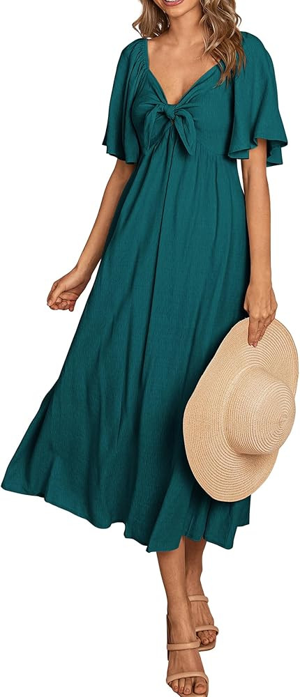 PRETTYGARDEN Summer Dress for Women 2025 Casual Short Sleeve Bow Tie V Neck Ruffle Midi Flowy Dre... | Amazon (US)