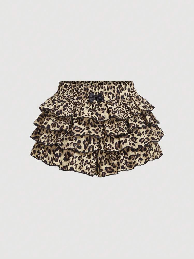 Maija Kids Maija Kids Young Girls's Casual Spring/Summer Butterfly Decor Multilayer Leopard Print Cake Shorts,Suitable For Spring And Summer,Suitable For Girls Daily Wear | SHEIN