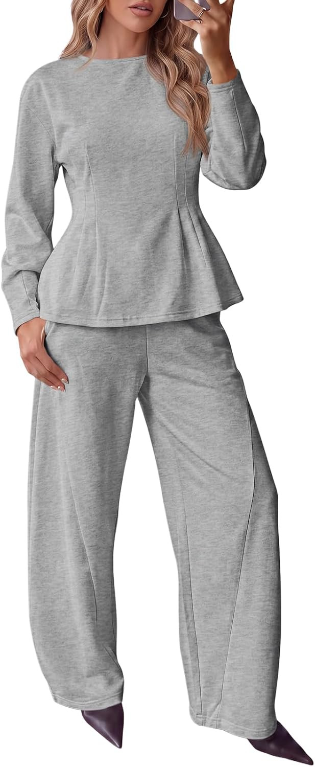 Tankaneo Womens 2 Piece Outfits Pants Sets Long Sleeve Peplum Crewneck Tops | Amazon (US)