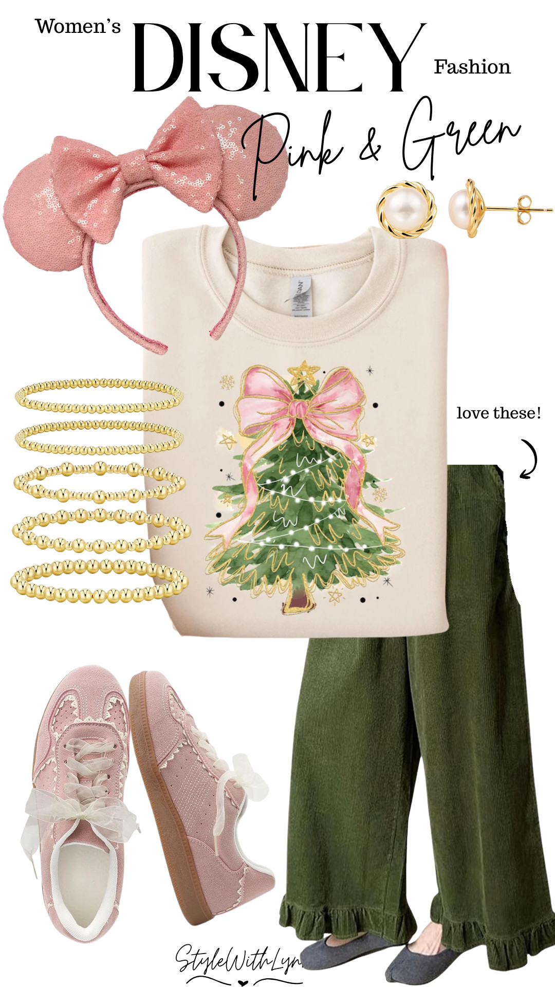 Bring a touch of holiday glam to the parks with this Disney Christmas outfit for women. A perfect mix of cozy, chic, and festive! 💚💗 The pink Minnie ears, Christmas tree sweatshirt, and ruffle green corduroy pants make the cutest combo for Disney World or Disneyland holiday photos or Christmas Day at home.

🌟 Style tip: Add pearl earrings and gold beaded bracelets for a subtle, elegant holiday sparkle!

Shop the full Disney holiday outfit, pink Christmas fashion, and Disney-inspired park looks below 💫

#DisneyChristmasOutfit #DisneyHolidayStyle #DisneyFashionInspo #DisneyWorldStyle #ChristmasAtDisney #PinkAndGreenChristmas #DisneyParksOutfit #DisneyPrincessStyle #StyleWithLynn #LTKHoliday #LTKDisney #LTKStyle #HolidayOutfitInspo 

 #LTKSeasonal #LTKFindsUnder50 #LTKTravel