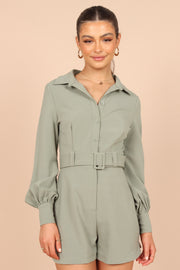 Lottie Button Down Romper - Khaki | Petal & Pup (US)