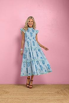 Mud Pie Women's Perin Blue Smocked Midi Dress, Small at Amazon Women\u2019s Clothing store | Amazon (US)