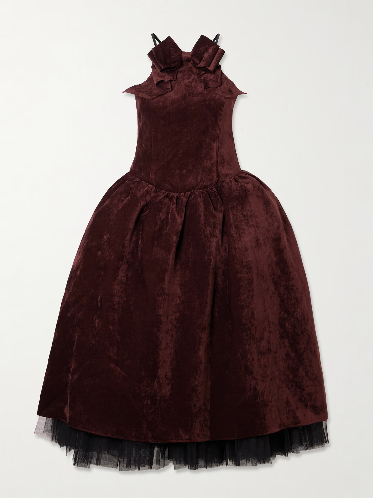 SHUSHU/TONG - Bow-embellished Crushed-velvet Midi Dress - Burgundy | NET-A-PORTER (US)