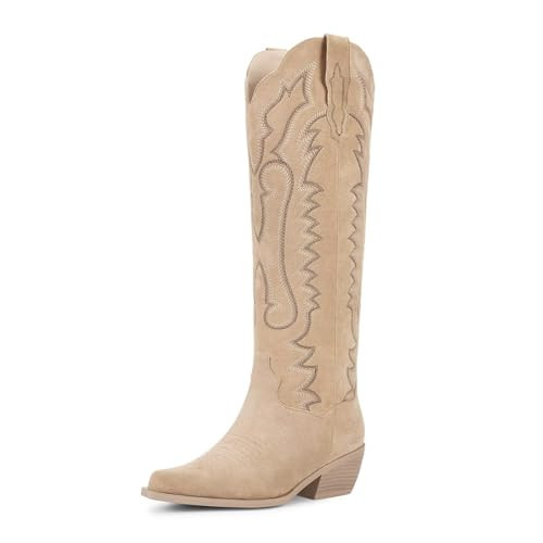 wetkiss Tan Boots for Women Suede Knee High Cowboy Boots Size 6 | Amazon (US)