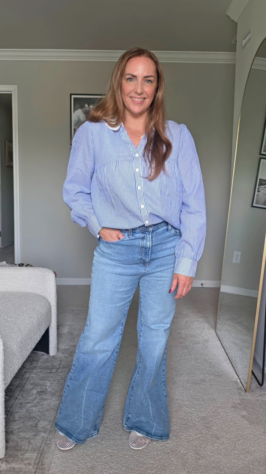 Obsessed with the details on this blue striped button down, especially the sweet scalloped eyelet collar and crinkled gauzy fabric. The lantern sleeves make it such an easy, elevated piece to pair with wide-leg denim.#springstyle #everydayoutfit #casualchic #denimstyle.

#LTKSeasonal #LTKOver40 #LTKMidsize