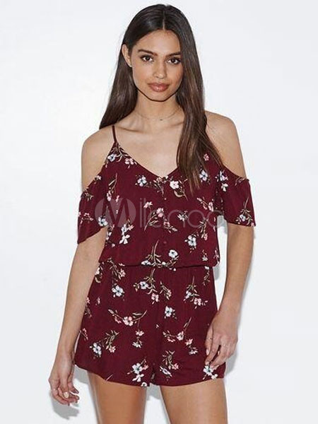 Dark Red Romper Women's Strappy V Neck Short Sleeve Cold Shoulder Floral Printed Playsuit | Milanoo