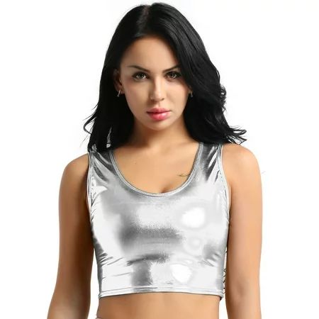 iEFiEL Women Shiny Metallic Tank Crop Top Vest Bustier Blouse Shirt | Walmart (US)