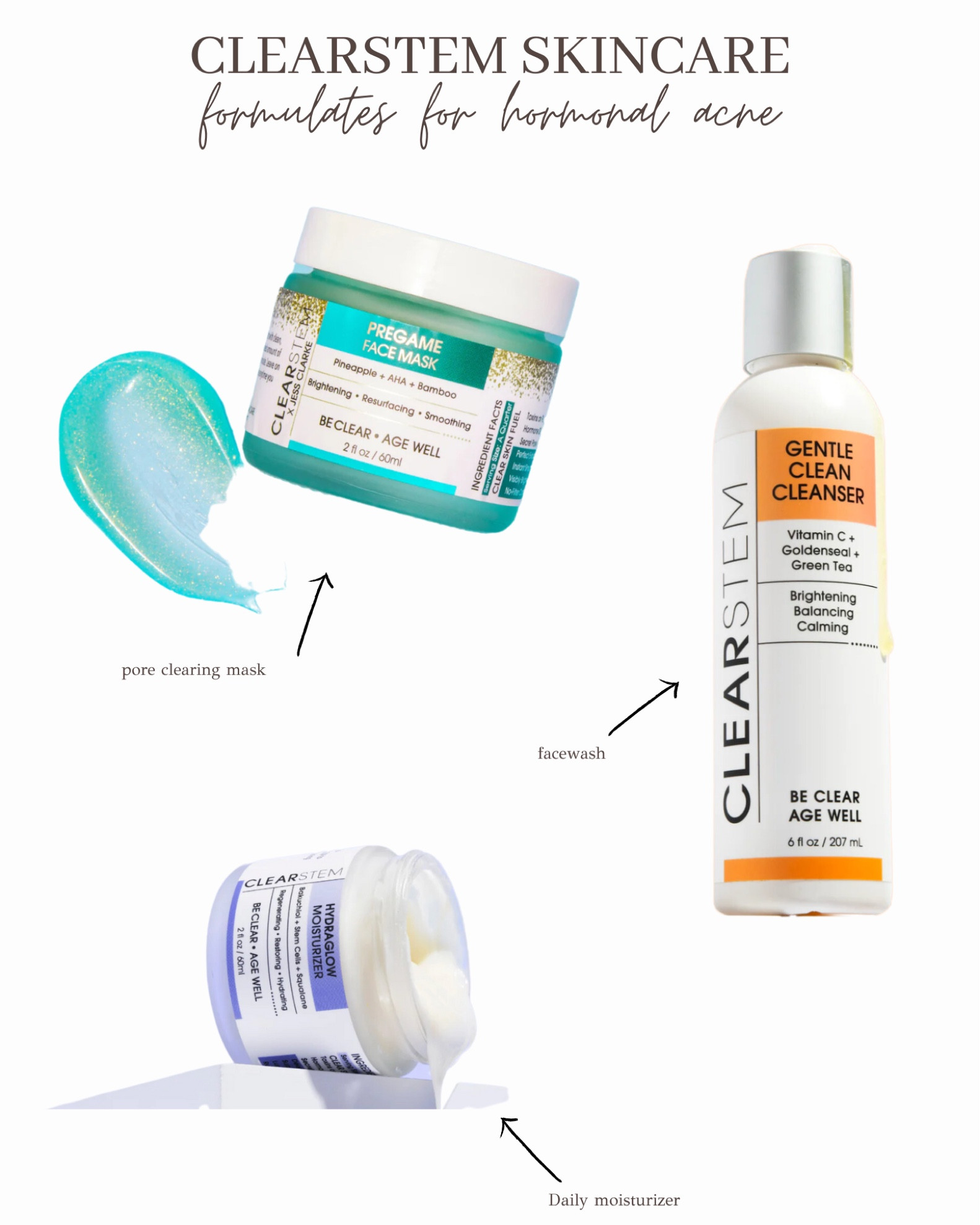 My recent order from Clearstem! Ive been struggling with hormonal acne for about 6 months and this brand is formulated around hormonal acne. I heard the founders talk on TSC and POW podcasts! Can’t wait to review! 

#LTKunder50 #LTKFind #LTKbeauty