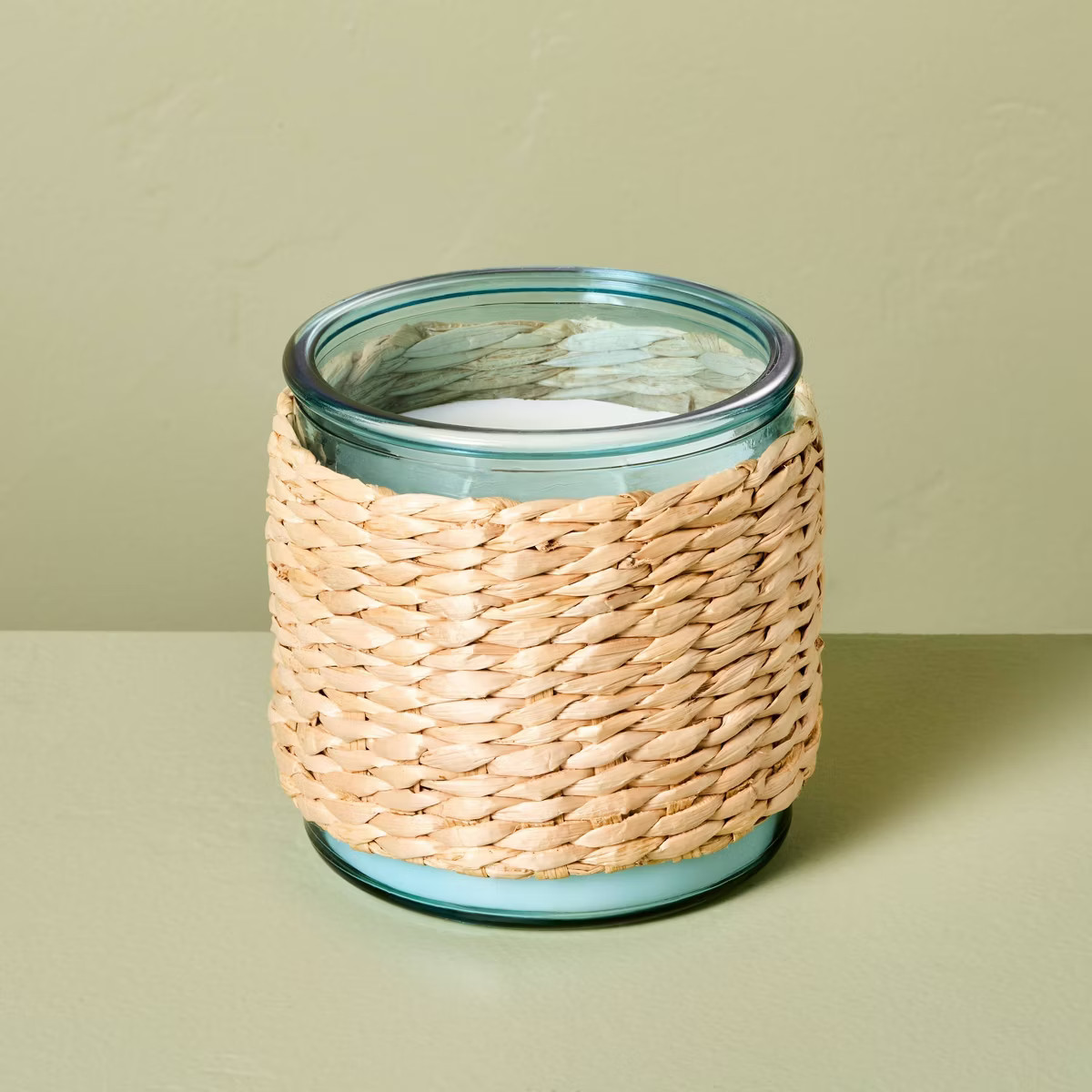 2-Wick Tinted Glass Sun and Citron Rattan Wrapped Jar Candle Blue 13oz - Hearth & Hand™ with Ma... | Target